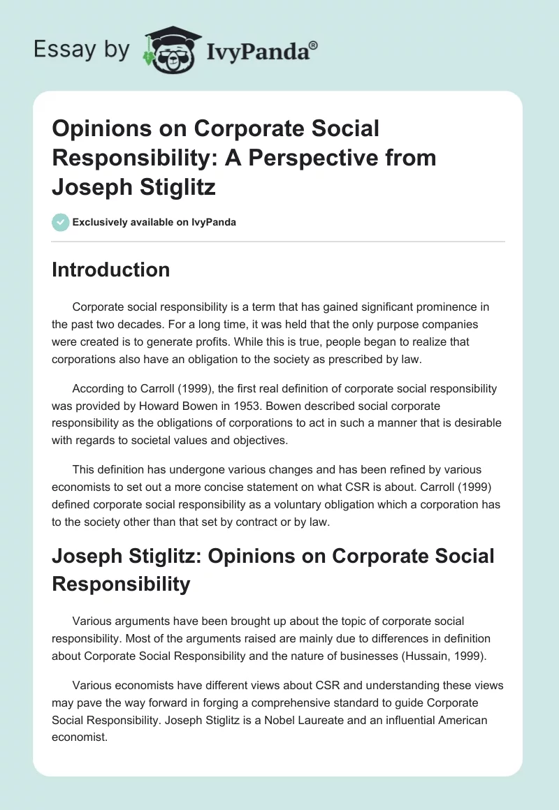 Opinions on Corporate Social Responsibility: A Perspective from Joseph Stiglitz. Page 1