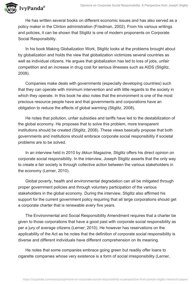 Opinions on Corporate Social Responsibility: A Perspective from Joseph Stiglitz. Page 2
