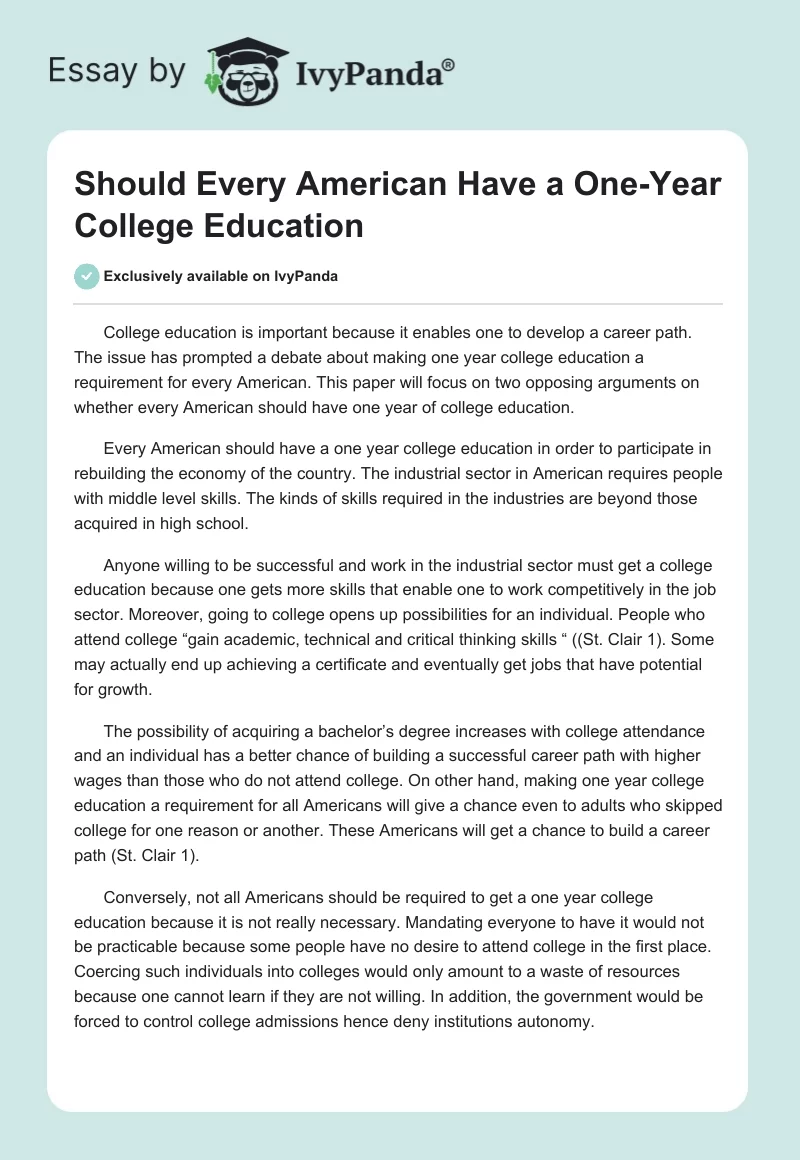  Should Every American Have a One-Year College Education. Page 1