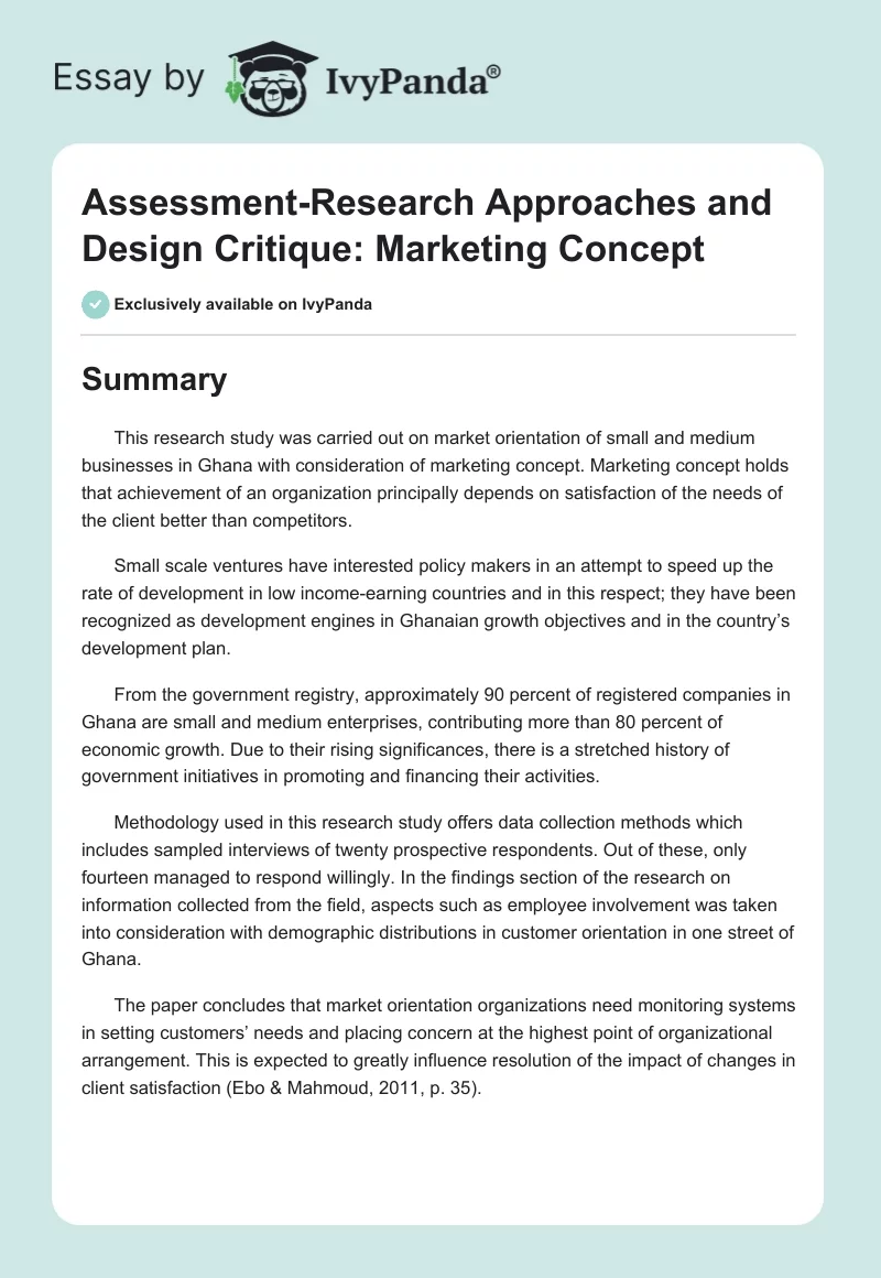 Assessment-Research Approaches and Design Critique: Marketing Concept. Page 1