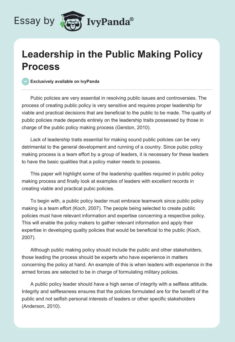 Leadership in the Public Making Policy Process. Page 1
