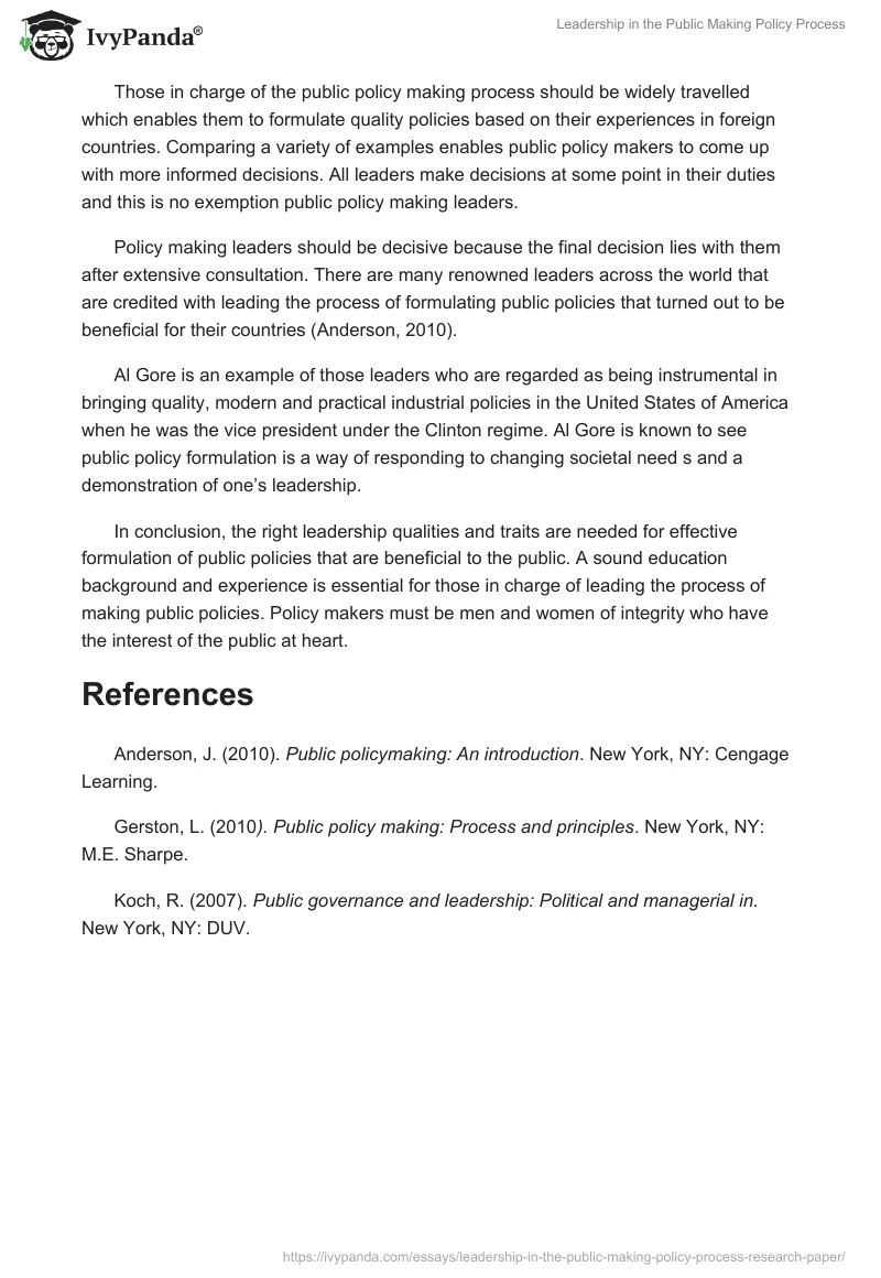 Leadership in the Public Making Policy Process. Page 2