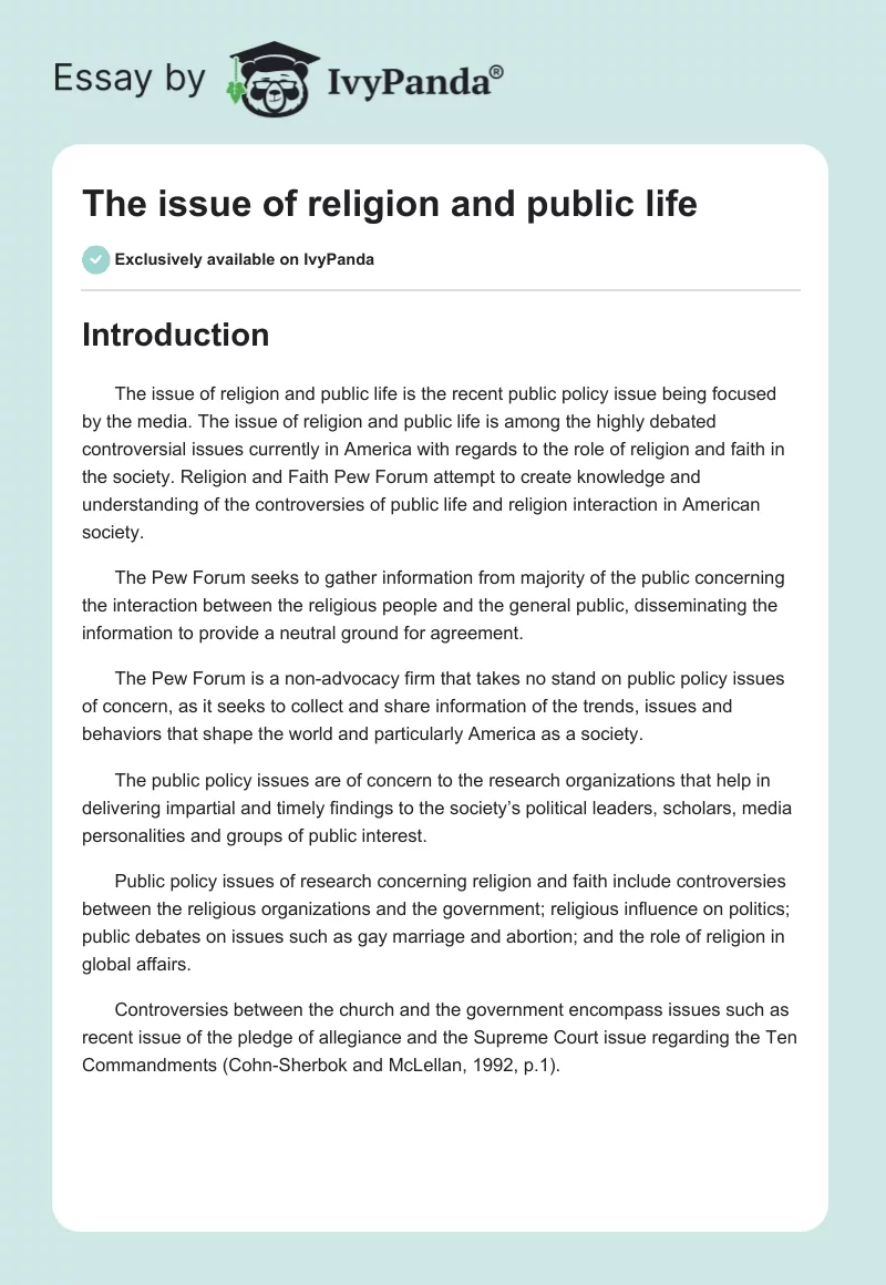 The issue of religion and public life. Page 1
