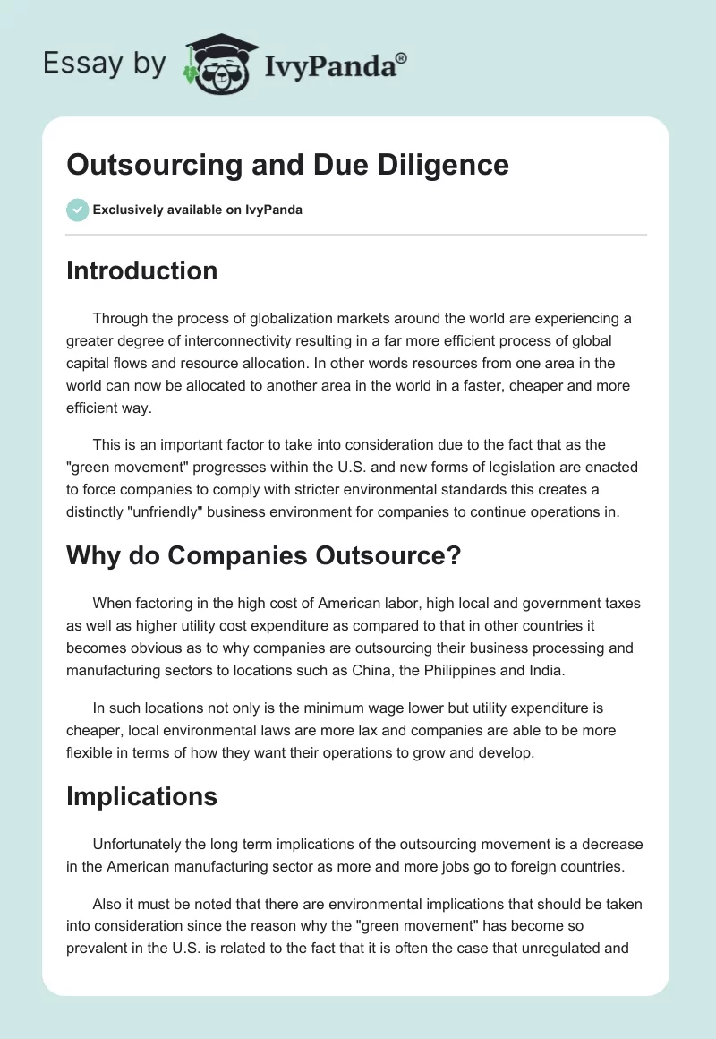 Outsourcing and Due Diligence. Page 1