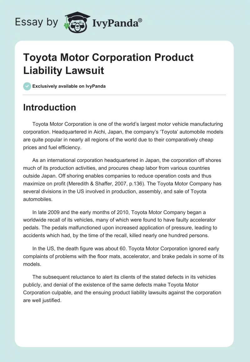 Toyota Motor Corporation Product Liability Lawsuit. Page 1