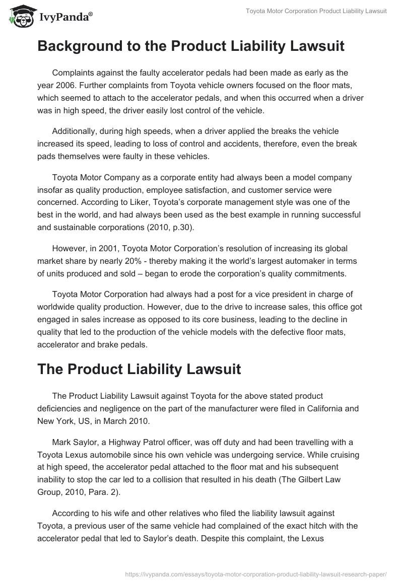 Toyota Motor Corporation Product Liability Lawsuit. Page 2