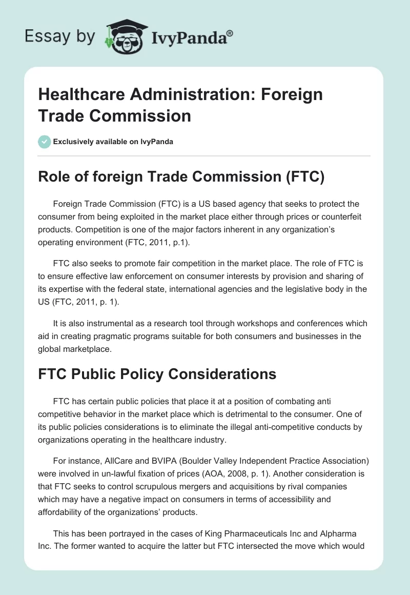 Healthcare Administration: Foreign Trade Commission. Page 1
