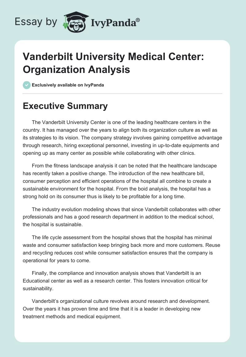 Vanderbilt University Medical Center: Organization Analysis. Page 1