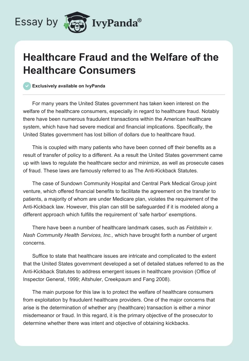 Healthcare Fraud and the Welfare of the Healthcare Consumers. Page 1