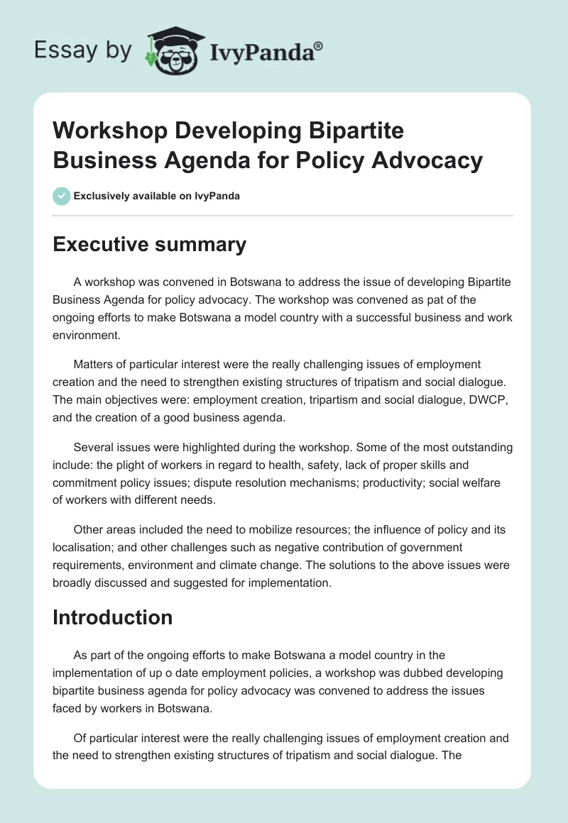 Workshop Developing Bipartite Business Agenda for Policy Advocacy. Page 1