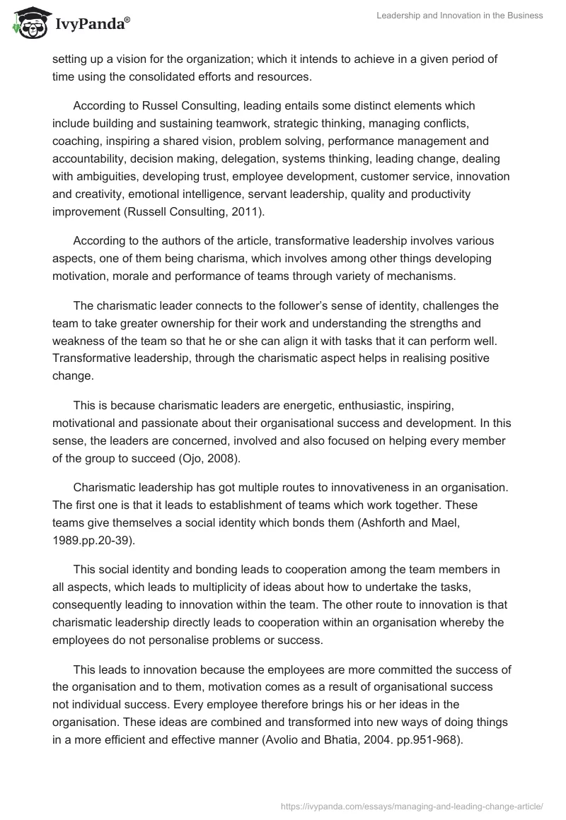 Leadership and Innovation in the Business. Page 2