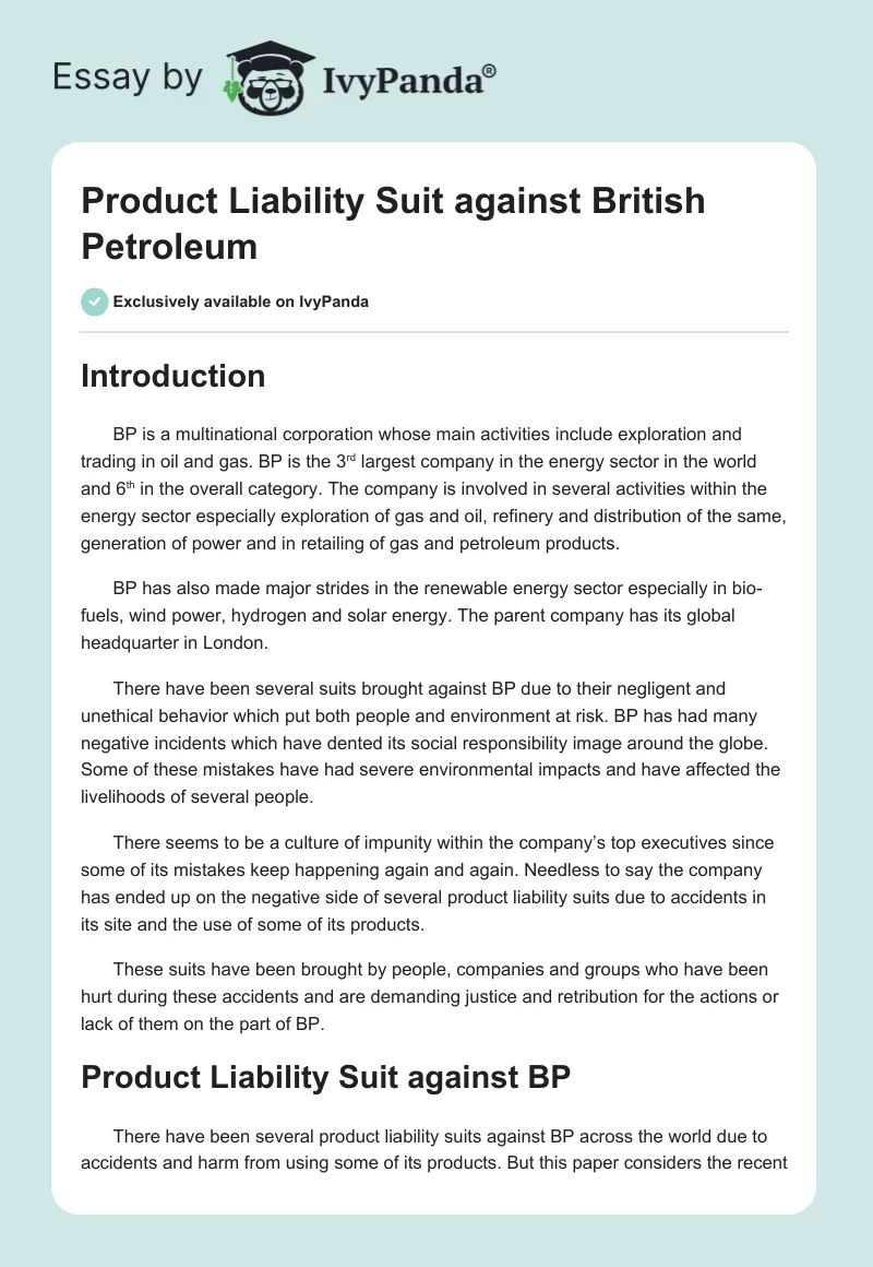 Product Liability Suit Against British Petroleum. Page 1