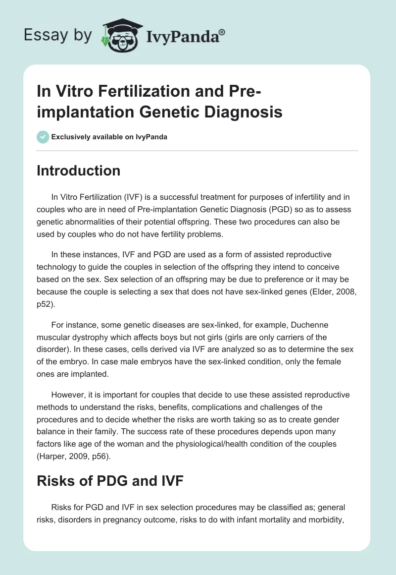 In Vitro Fertilization and Pre-implantation Genetic Diagnosis. Page 1