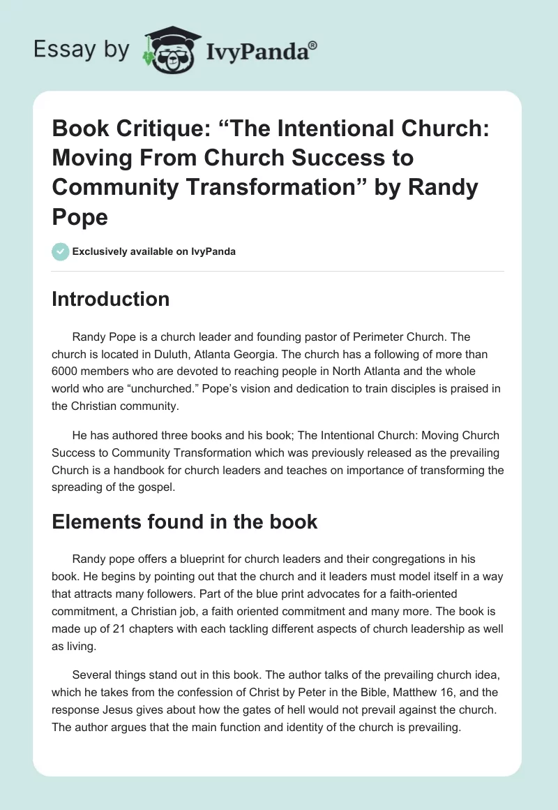 Book Critique: “The Intentional Church: Moving From Church Success to Community Transformation” by Randy Pope. Page 1