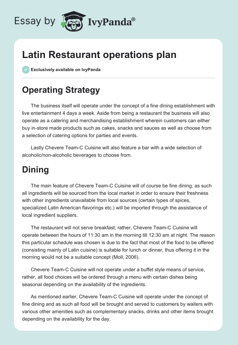 Latin Restaurant operations plan. Page 1