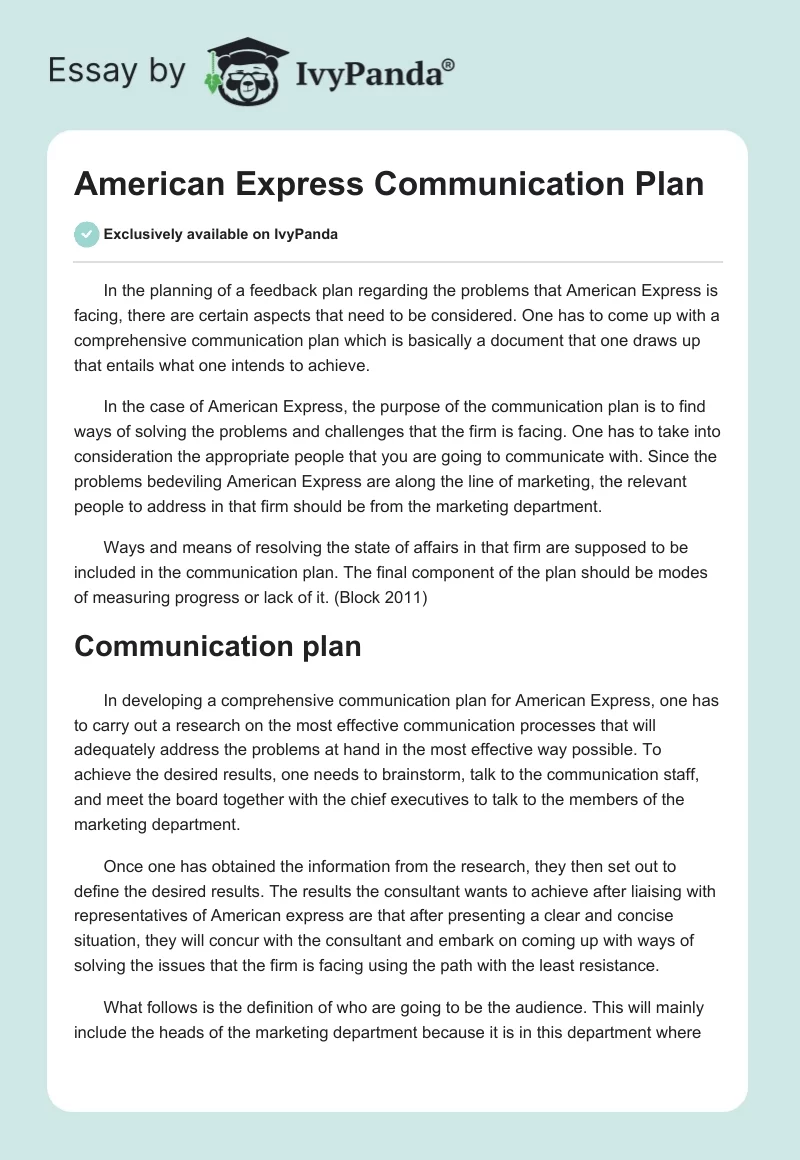 American Express Communication Plan. Page 1