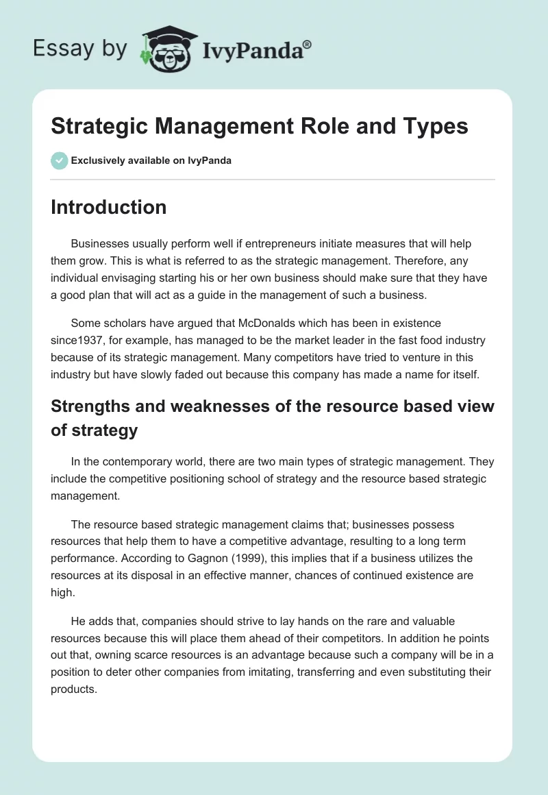 Strategic Management Role and Types. Page 1