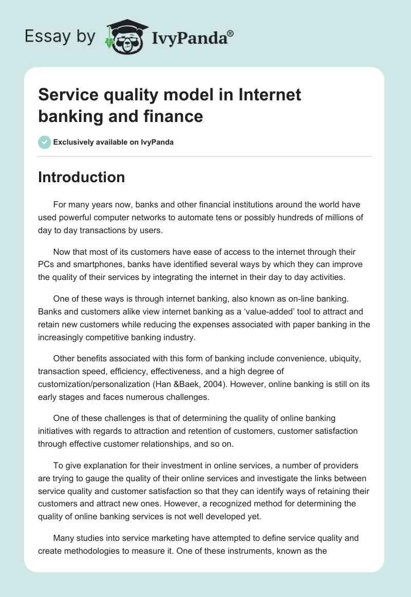 Service Quality Model in Internet Banking and Finance. Page 1