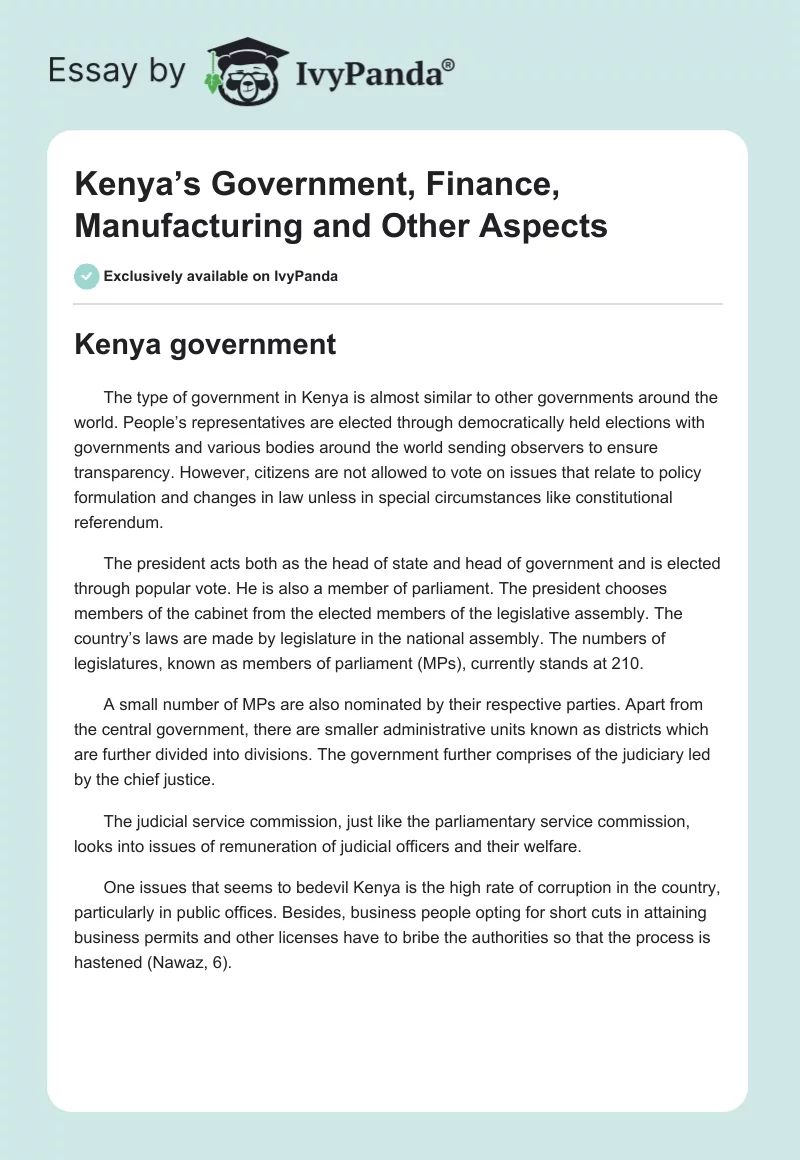 Kenya’s Government, Finance, Manufacturing and Other Aspects. Page 1