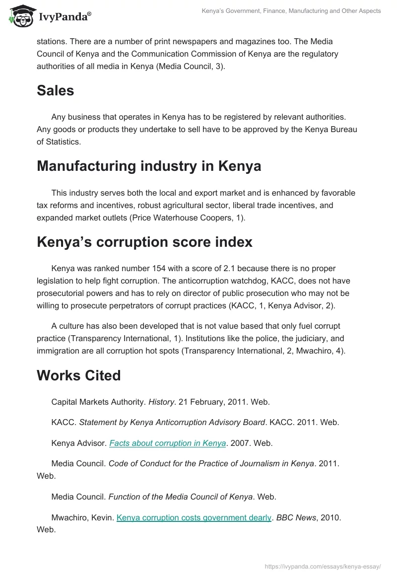 Kenya’s Government, Finance, Manufacturing and Other Aspects. Page 3