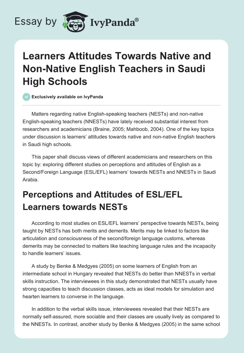 Learners Attitudes Towards Native and Non-Native English Teachers in Saudi High Schools. Page 1