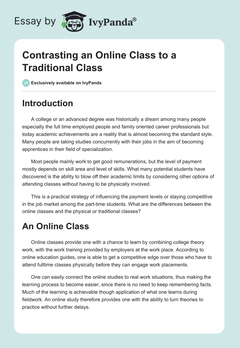 Contrasting an Online Class to a Traditional Class. Page 1
