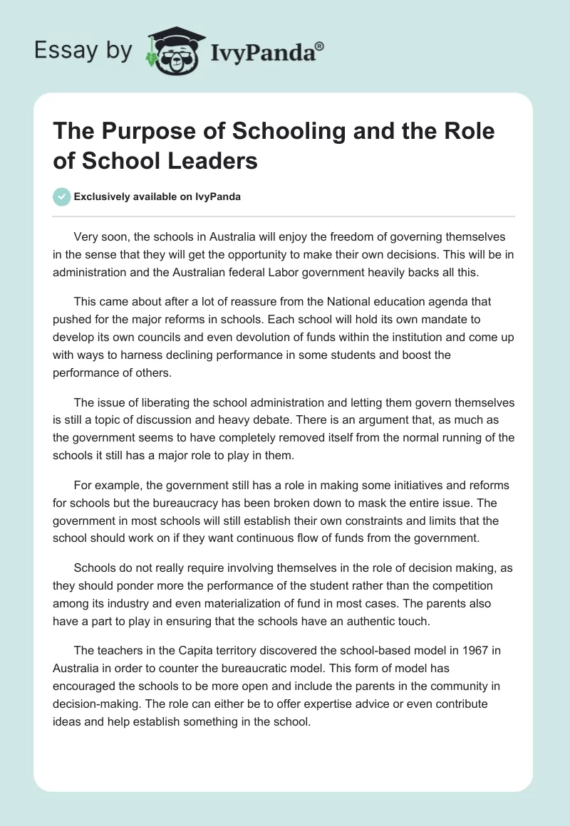 The Purpose of Schooling and the Role of School Leaders. Page 1