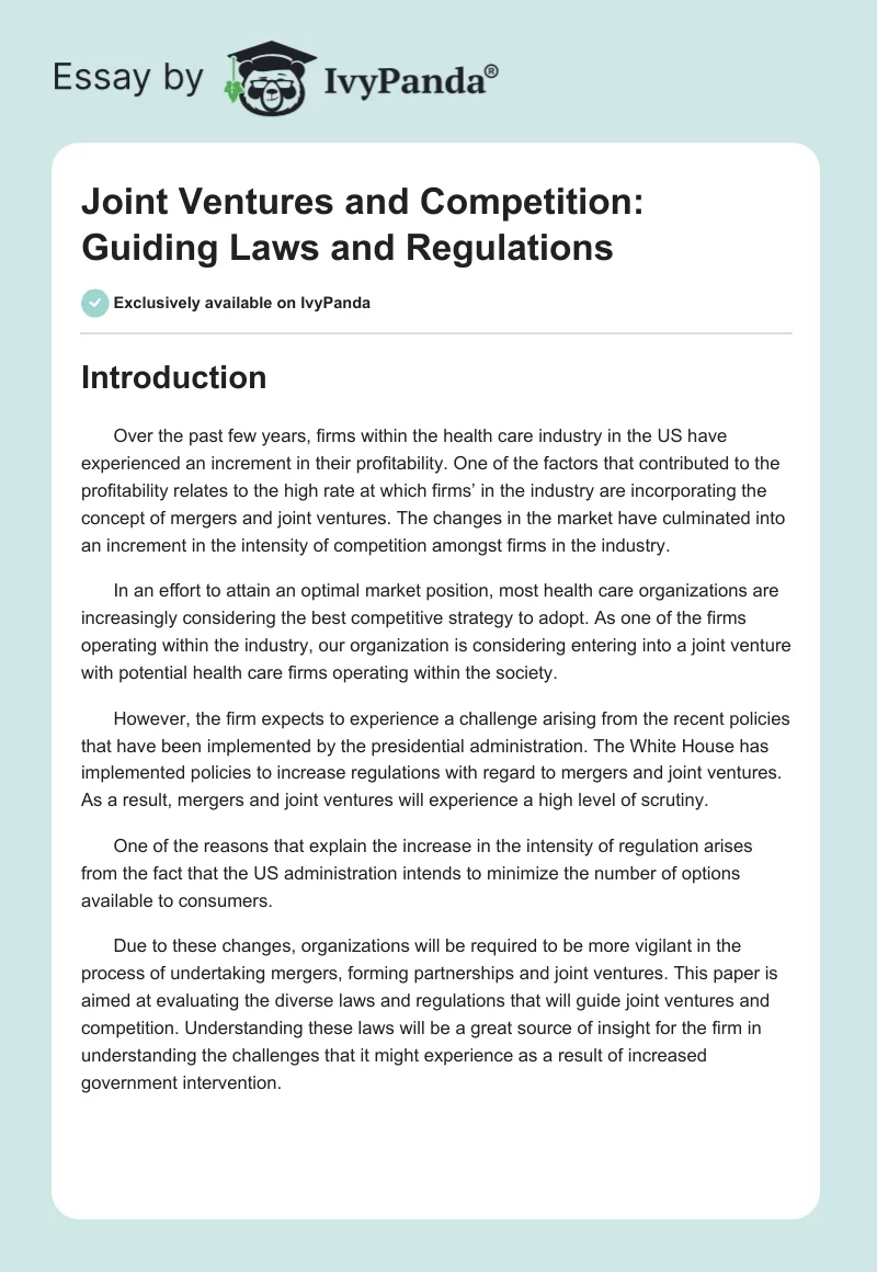 Joint Ventures and Competition: Guiding Laws and Regulations. Page 1