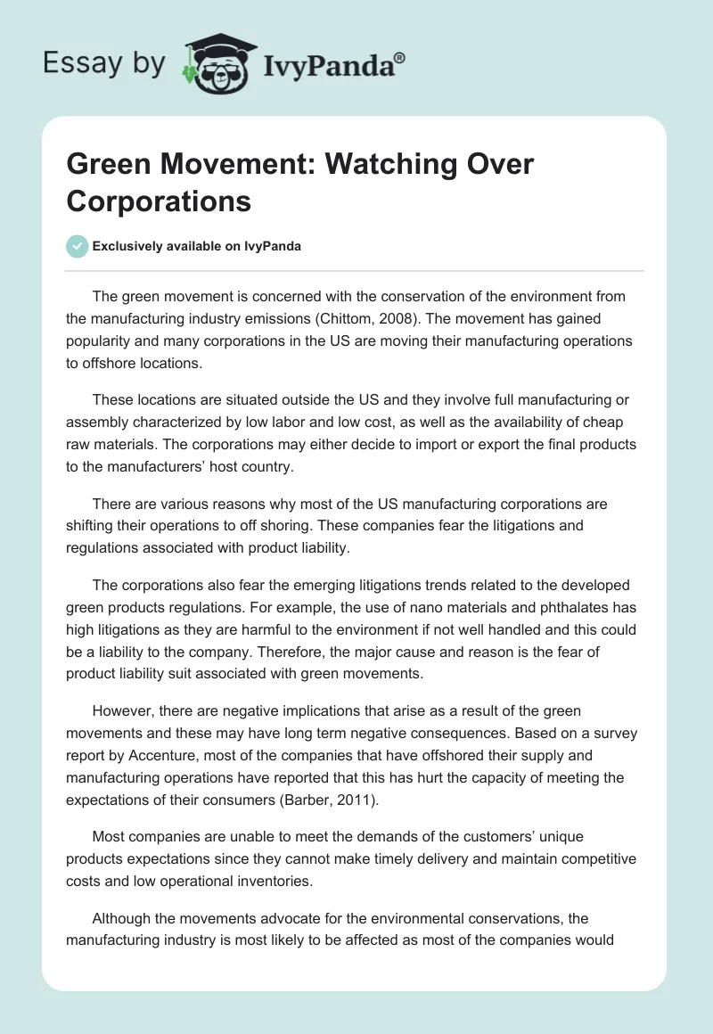 Green Movement: Watching Over Corporations. Page 1