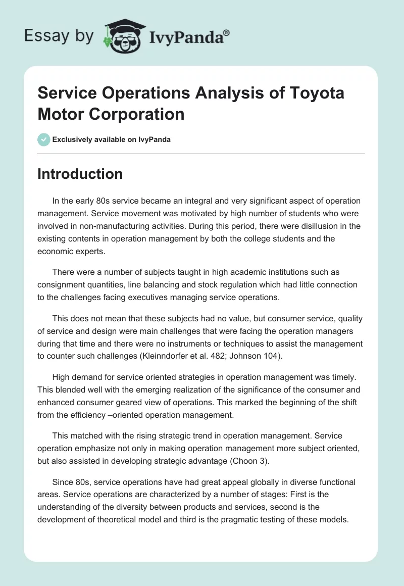 Service Operations Analysis of Toyota Motor Corporation. Page 1