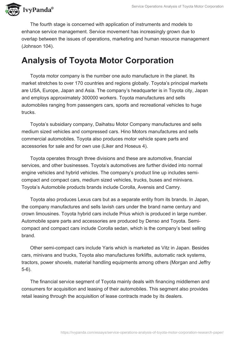 Service Operations Analysis of Toyota Motor Corporation. Page 2