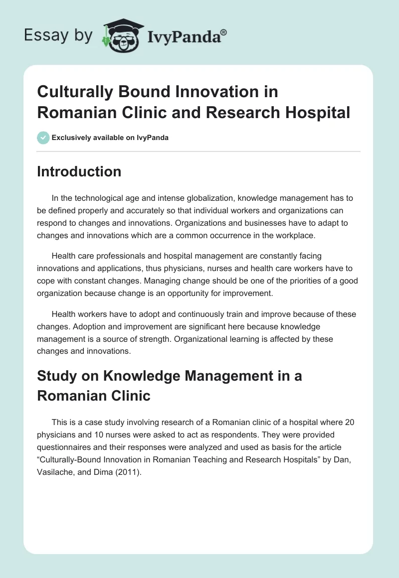 Culturally Bound Innovation in Romanian Clinic and Research Hospital. Page 1