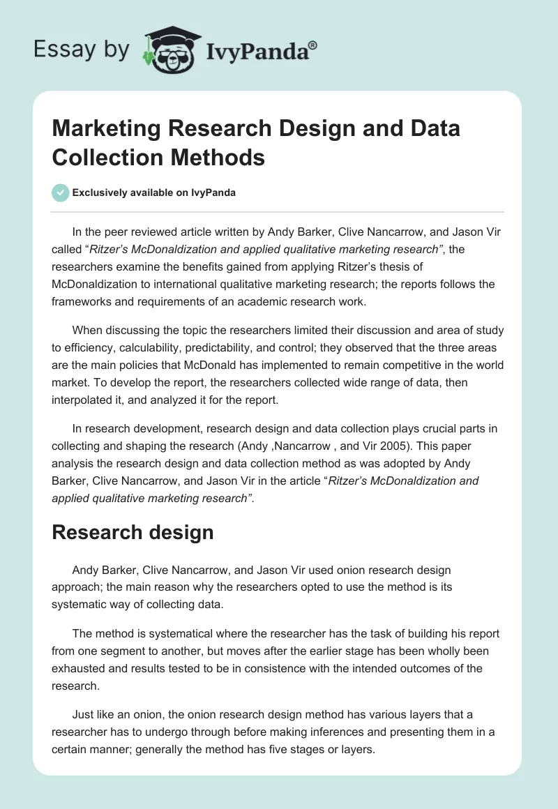 Marketing Research Design and Data Collection Methods. Page 1