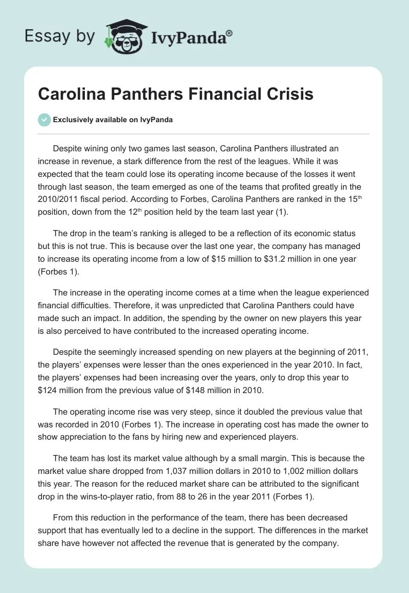 Carolina Panthers Financial Crisis. Page 1