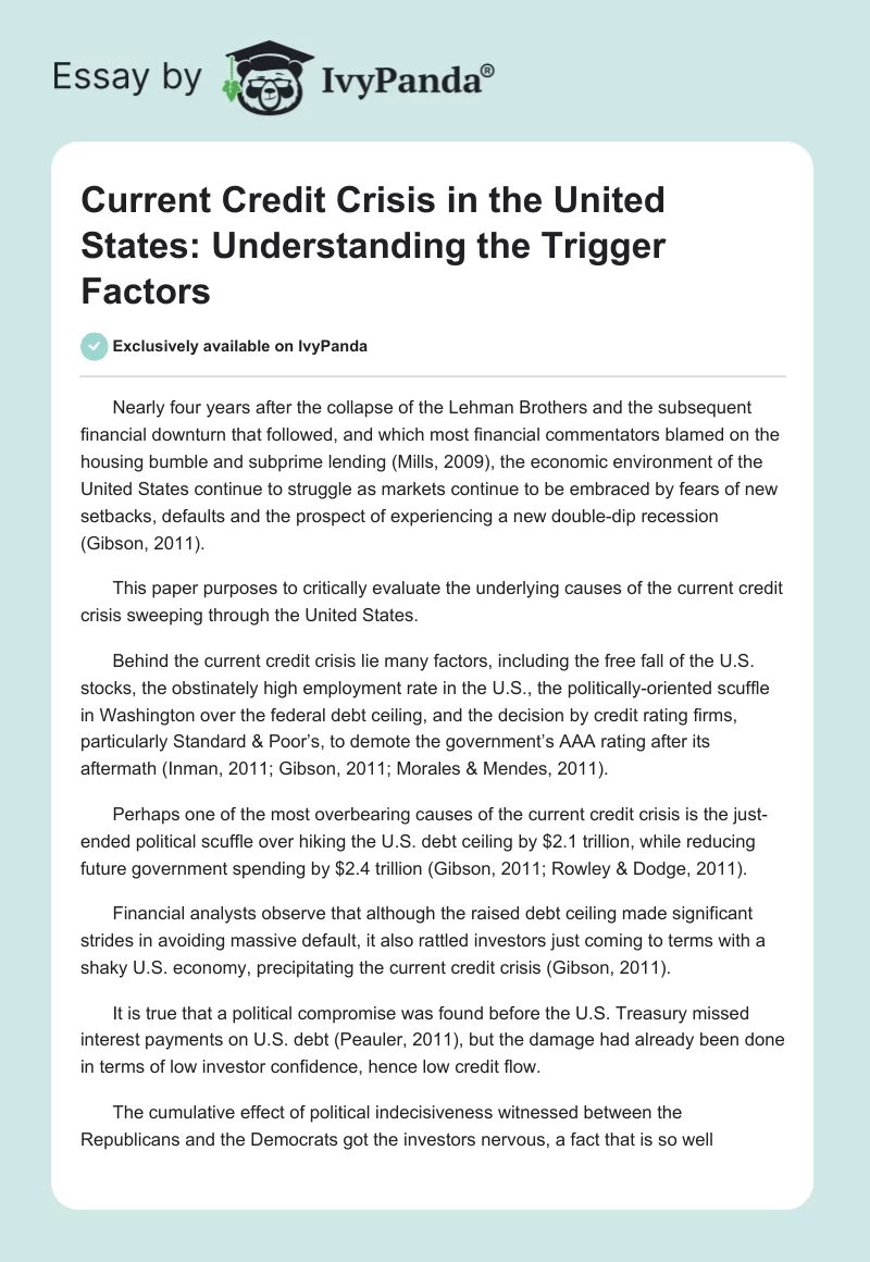 Current Credit Crisis in the United States: Understanding the Trigger Factors. Page 1