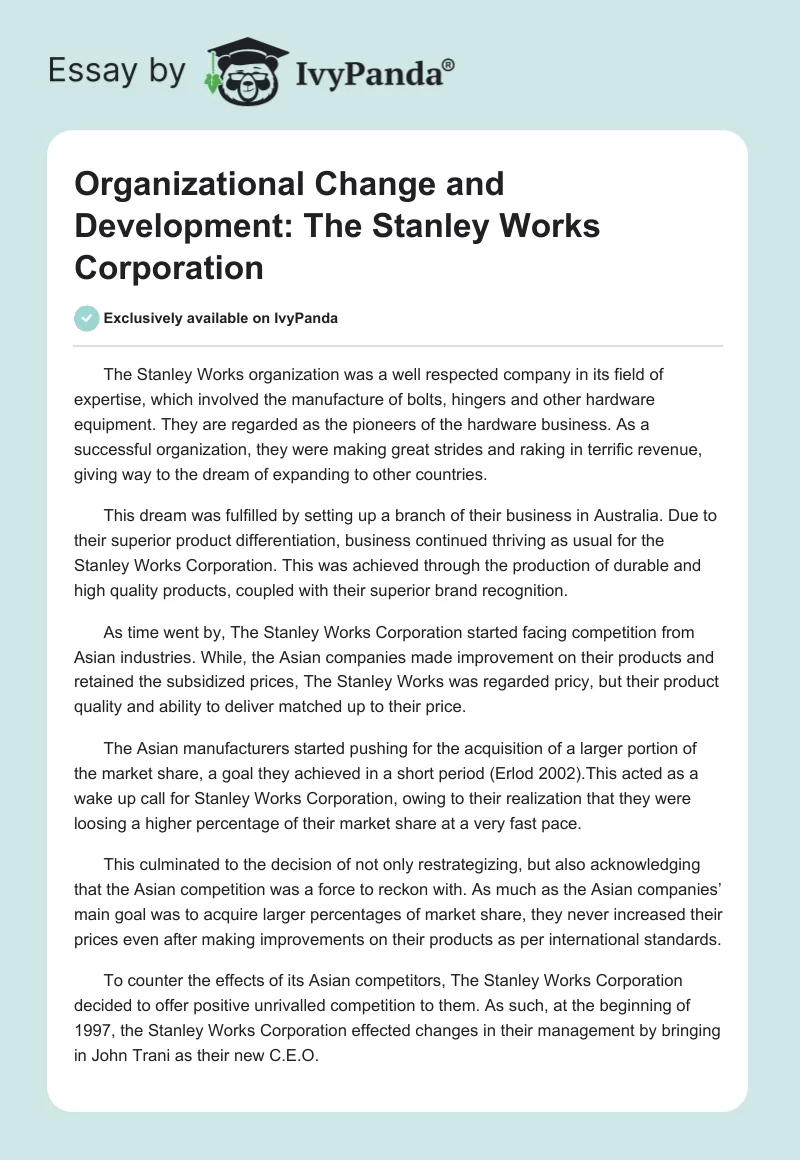Organizational Change and Development: The Stanley Works Corporation. Page 1