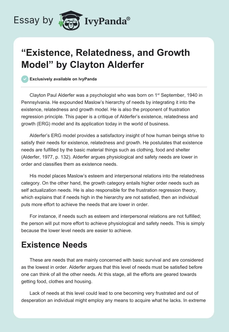 “Existence, Relatedness, and Growth Model” by Clayton Alderfer. Page 1