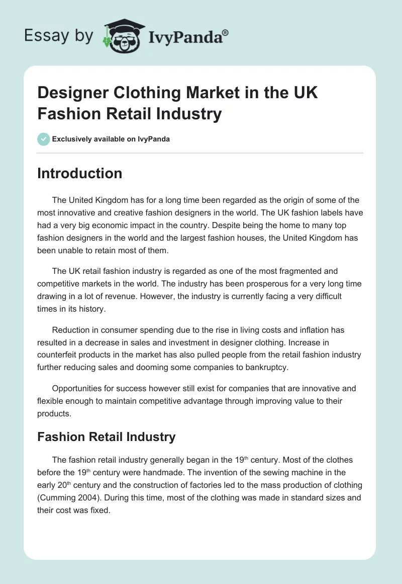 Designer Clothing Market in the UK Fashion Retail Industry. Page 1