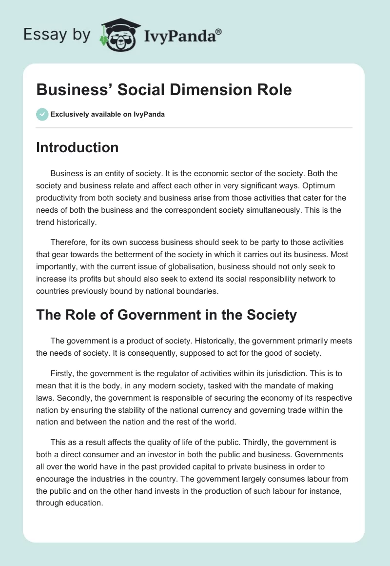 Business’ Social Dimension Role. Page 1