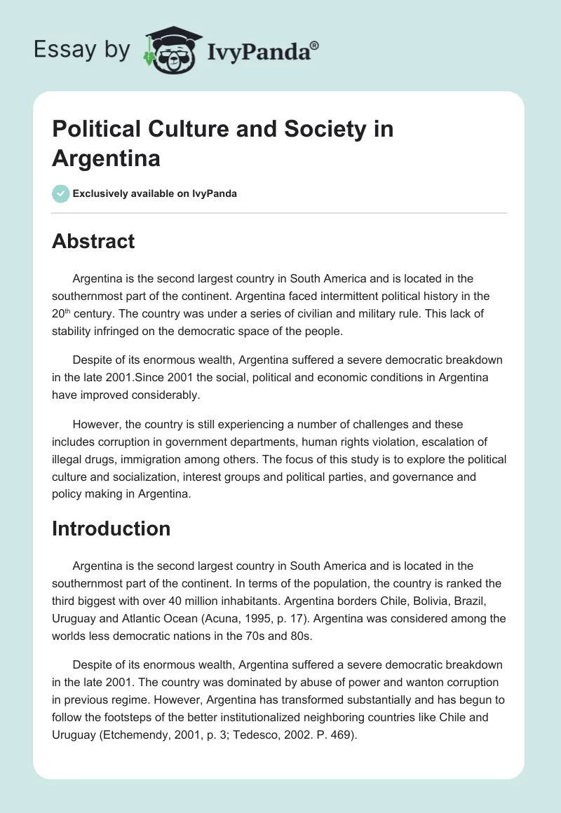 Political Culture and Society in Argentina. Page 1