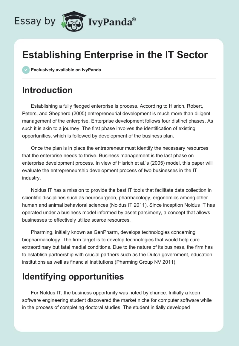 Establishing Enterprise in the IT Sector. Page 1