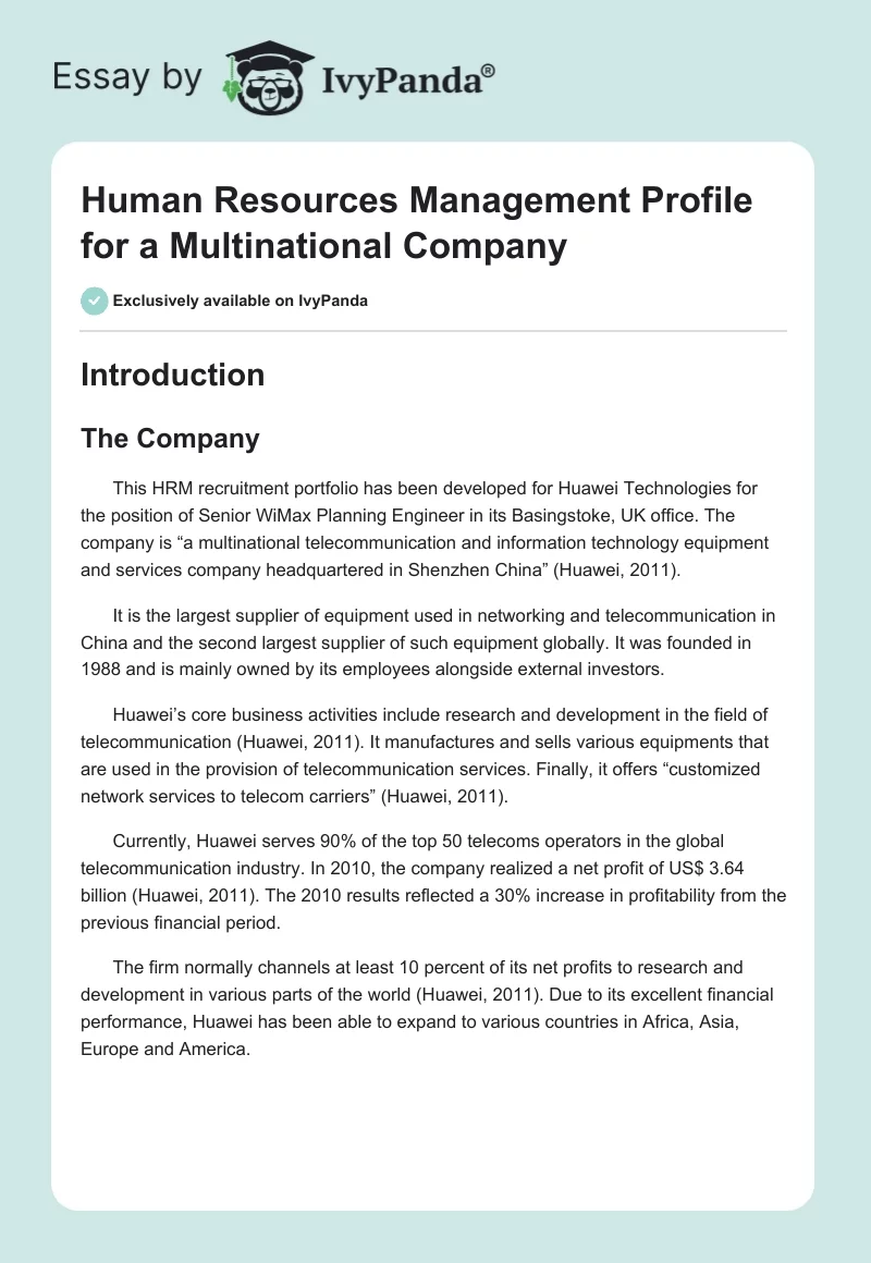 Human Resources Management Profile for a Multinational Company. Page 1