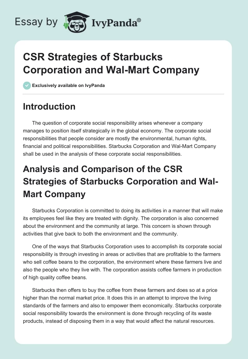 CSR Strategies of Starbucks Corporation and Wal-Mart Company. Page 1