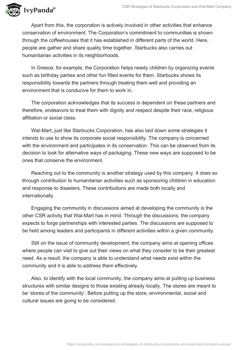 CSR Strategies of Starbucks Corporation and Wal-Mart Company. Page 2