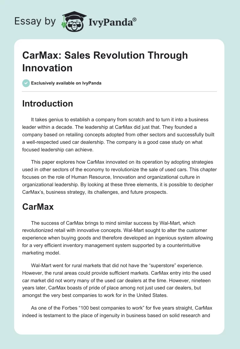CarMax: Sales Revolution Through Innovation. Page 1