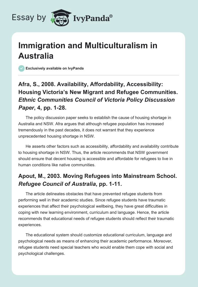 Immigration and Multiculturalism in Australia. Page 1