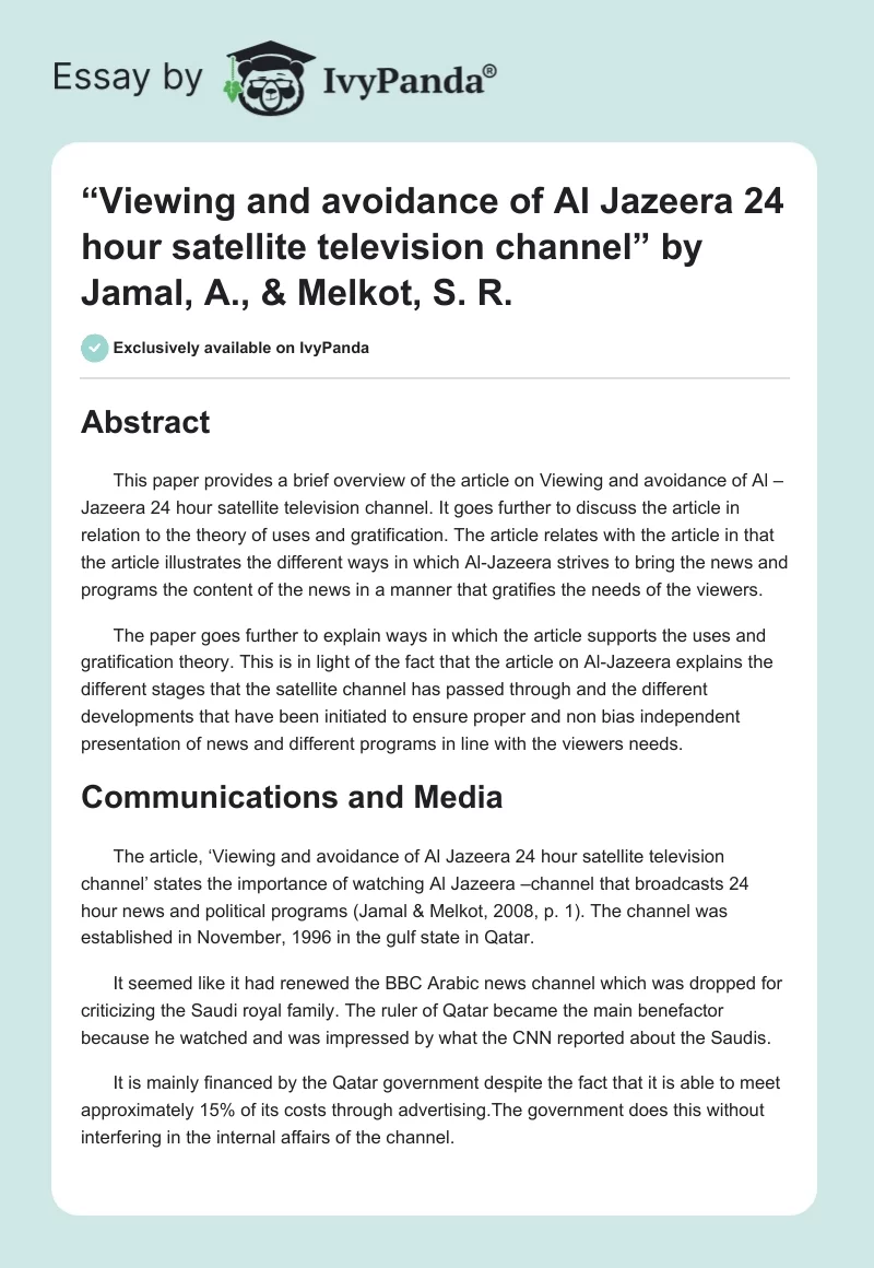 “Viewing and Avoidance of Al Jazeera 24 Hour Satellite Television Channel” by Jamal, A., & Melkot, S. R.. Page 1