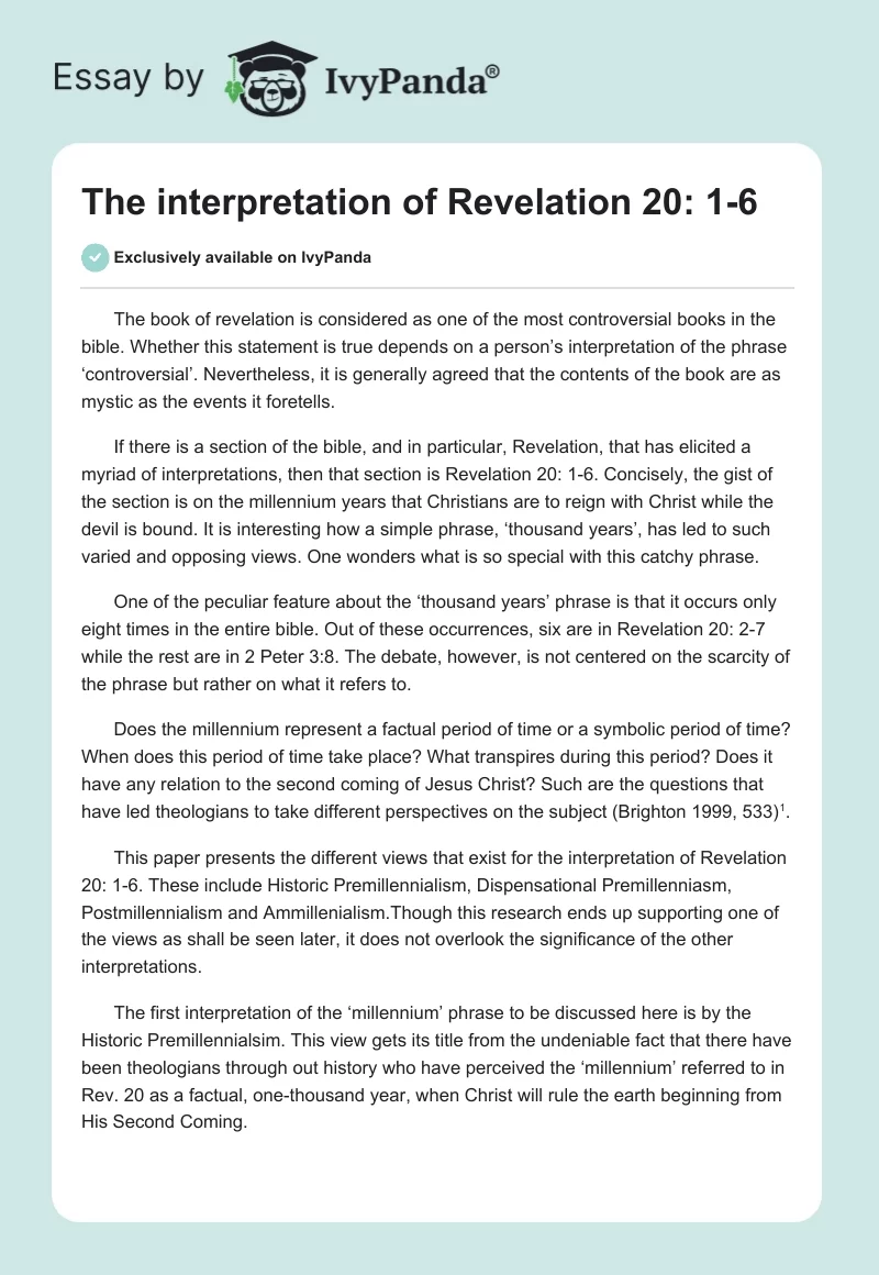 The interpretation of Revelation 20: 1-6. Page 1