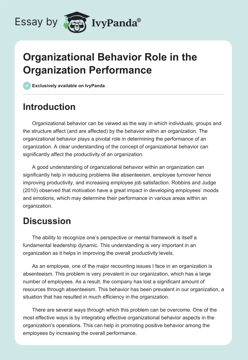 Organizational Behavior Role in the Organization Performance. Page 1