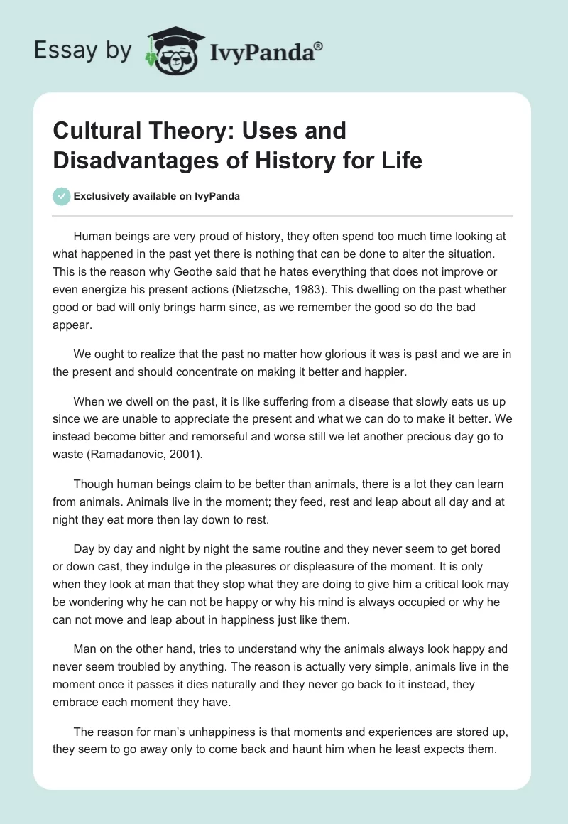 Cultural Theory: Uses and Disadvantages of History for Life. Page 1
